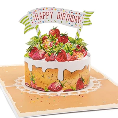 Immagine di LIMAH® Biglietto di auguri compleanno pop up 3D con una torta per donne, uomini e bambini, adatto buono regalo o denaro, motivo fragole Happy Birthday