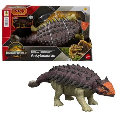 Immagine di Mattel Jurassic World la Rinascita Anchilosauro Ruggito Selvaggio, action figure snodata del dinosauro con attacco multiplo della testa azionato coda e suoni, gioco digitale, JGB90