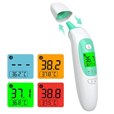 Immagine di KKmier Termometro Auricolare 4 in 1, Infrarossi da Fronte e Orecchio Professionale con Allarme Febbre a 3 Colori, Termoscanner per Bambini, Adulti, Neonati