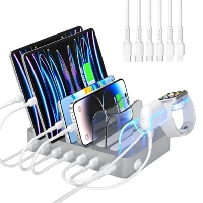 Immagine di SooPii 50W Stazione di Ricarica USB a 6 Porte Caricatore USB, Cavi Inclusi, per Cellulari, Tablet e Altri Dispositivi … (Argento)