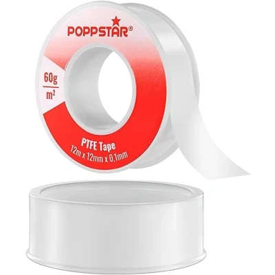 Immagine di POPPSTAR Nastro sigillante per filettature PTFE 60g/m² teflon FRP filetti fini (tenuta gas e acqua) 12m x 12mm 0,1mm