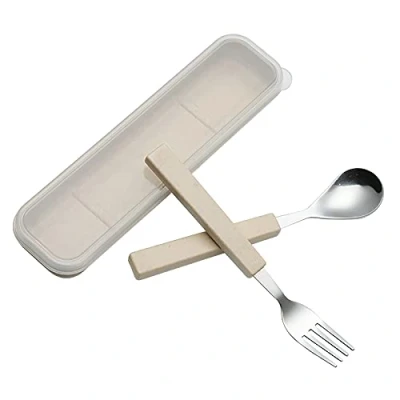 Immagine di VANRA 2 Piece Set Posate per Bambini in Acciaio Inox 18/10 Argento Bambino Stoviglie Utensili forchetta e Cucchiaio da tavola con Custodia Viaggio (Cromato)(crema)