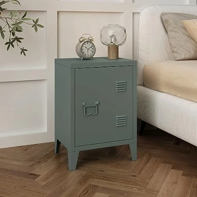 Immagine di [en.casa] Comodino in Acciaio con Scomparto Chiuso Anta Tavolino Laterale da Divano Mobiletto Notturno Letto Basso Ingresso 57 x 40 30 cm Grigio Scuro