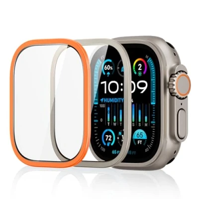 Immagine di ESR Armorite Pellicola Protettiva per Apple Watch Ultra 2/1 (2024/2023/2022, 49 mm), Protezioni lo Schermo con Cornice in Quadro di Alluminio, Chiarezza HD, Anti graffi, Metallico e Arancia