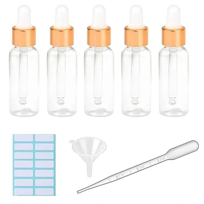 Immagine di 5 flaconi contagocce trasparenti da 10 ml, in plastica, per pipette di oli essenziali, ricaricabili, con pipetta misurata, imbuto ed etichette (30 ml bianco + tappo dorato)