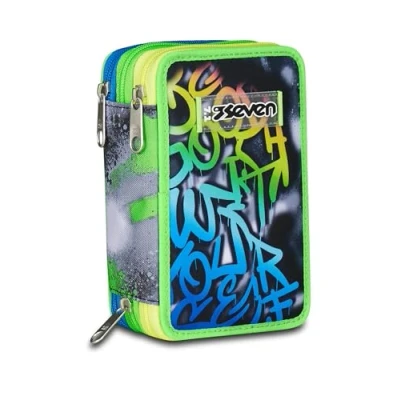 Immagine di Seven Astuccio Scuola 3 Zip, Nero Verde, Portapenne Triplo Scomparto Completo Di Penne, Matite, Colori, Accessori Zaino, Elementare, Bambino