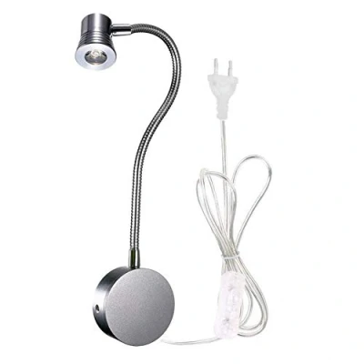 Immagine di WeFoonLo 3W Lampada da lettura a collo di cigno flessibile LED con spina e interruttore per camera letto, ufficio, banco lavoro, studio (3W Argento, bianco caldo)