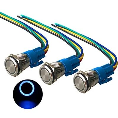 Immagine di QitinDasen 3Pcs Premium 12V / 24V 5A Interruttore a Pulsante Momentaneo, 16mm in Metallo con LED Blu, Avviamento Auto Acciaio Inossidabile impermeabile