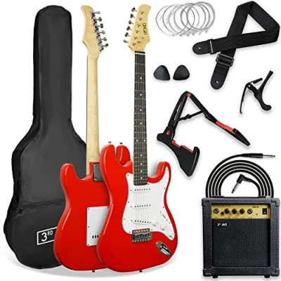 Immagine di 3rd Avenue Chitarra Elettrica 4/4 Scala XF Kit Definitivo Per Con Amplificatore Da 10 W, Cavo, Supporto, Custodia Protettiva, Tracolla, Corde Di Ricambio, Plettri, Capotasto Rosso