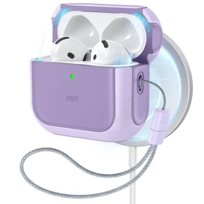 Immagine di ESR Cover per AirPods 4 (2024), Compatibile con di 4a Gen (USB C), MagSafe, Protezione dalle cadute cordino, Coperchio Magnetico, Serie Orbit, Viola