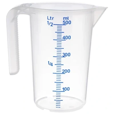 Immagine di APS Misurino 0,5 litri, diametro 9 x altezza 14 cm, bicchiere in plastica con scala esterna rilievo, manico aperto, graduazione L/ml, lavabile lavastoviglie