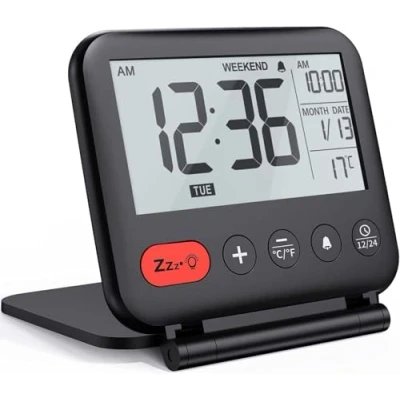 Immagine di FISHTEC Sveglia da viaggio mini orologio digitale LCD portatile con calendario retroilluminato 12/24H funzione temperatura specchio di trucco piccolo tavolo pieghevole a batteria