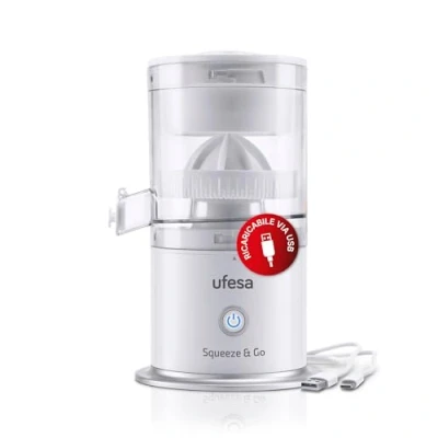 Immagine di Ufesa Squeeze &amp; Go White, Spremi Agrumi Elettronico, Estrattore Frutta e Verdura, USB Ricaricabile, Batteria Ricaricabile 1500mAh, Capacità 220 ml, BPA FREE