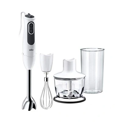 Immagine di Braun Frullatore a Immersione MQ3135WH Minipimer, Tecnologia Tedesca, regolazione fino 11 velocità, potenza 750W, Dotato di bicchiere da 600ml, frusta filo e tritatutto 500ml, Bianco/Grigio