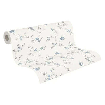 Immagine di A.S. Création Carta da parati in tessuto non floreale con motivo a fiore crema, grigio e blu per diverse stanze 10,05 m x 0,53