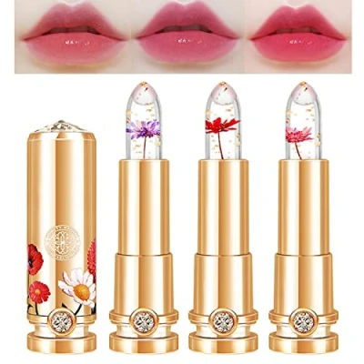Immagine di Set di rossetti gelatina fiori cristallo 3pcs, rossetto floreale chiaro, colore magico che cambia lucidalabbra a lunga durata balsamo idratante nutriente chiaro (#1+#2+#3)
