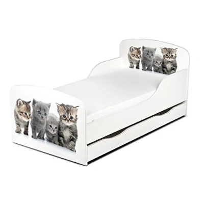 Immagine di leomark Letto per bambini in legno, cassetto e materasso, rete a doghe, mobili bambino, magnifiche stampe, dimensioni del materasso 140 x 70 cm, colore bianco con motivo: GATTI, stile scandinavio
