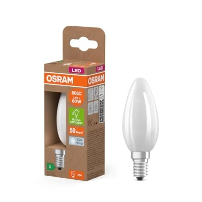 Immagine di OSRAM Energy Class nella classica forma mini candela, 3,8 W / 806 lm, EEK A, luce bianca fredda (4000 K), CRI 80, in vetro smerigliato senza piombo, attacco E14, IP20, DM 35 mm, confezione da 6