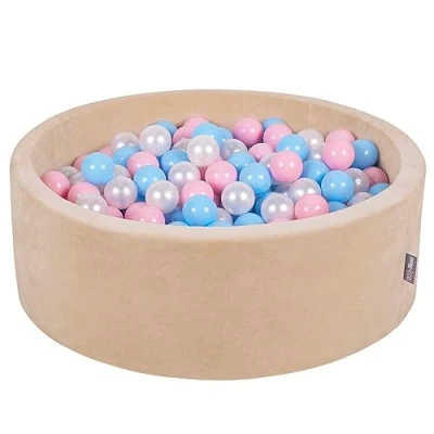 Immagine di KiddyMoon Velluto Piscina di Palline 90X30cm/200 ∅ 7CM per Bambini Tondo Fabbricato in EU, Beige Sabbia: Azzurro/Rosa Chiaro/Perla
