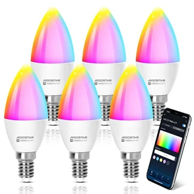 Immagine di Aigostar Lampadina Alexa E14 SL2 WiFi Lampadine Smart LED 6.5W 555LM, Intelligente RGBCCT Dimmerabile, 2700K 6500K, Sincronizza con la musica, compatibile Alexa/Google Home, 6 Unità
