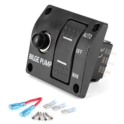 Immagine di Genericer Pannello interruttori di sentina Pompa a 3 Vie Automatico/Spento/Manuale 12V 24V con indicatore LED Interruttore Automatico 15A Incorporato Alluminio