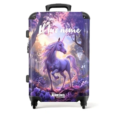 Immagine di NoBoringSuitcases.com Valigia Bambini, Personalizzabile, Per Grande, Con TSA, Trolley Bambina da Viaggio, Grande 23 kg (67 cm 72 L), (Unicorno, Fiori Viola)
