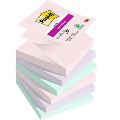 Immagine di Post it Foglietti Super Sticky Z Notes, Collezione Soulful, Confezione da 6 blocchetti, 90 Fogli/blocco,76mm x 76mm, Colori Rosa, Viola, Verde.Foglietti Extra Adesivi per Appunti, Elenchi &amp; Promemoria