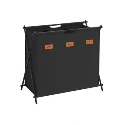 Immagine di SONGMICS Cesto Portabiancheria, Porta Biancheria Sporca da 135 L, 3 Scomparti, Struttura Pieghevole a X, con Etichette, per Lavanderia Bagno Camera Letto, Nero Inchiostro LCB130B01
