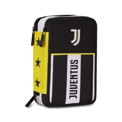 Immagine di Seven Juventus Astuccio Scuola 3 Zip, Nero, Portapenne Triplo Scomparto Completo Di Penne, Matite, Colori, Elementare, Bambino, Calcio