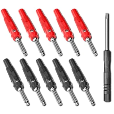 Immagine di Cleqee Connettori a banana audio ad alta corrente da 4 mm, impilabili, 32 A, vite, senza saldatura, connettore banana, adattatore resistente (rosso/nero, confezione 10)