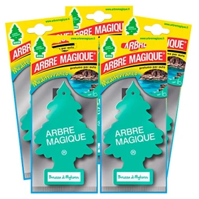 Immagine di Arbre Magique Mono, Profumatore Auto, Fragranza Brezza di Mykonos, Profumazione Delicatamente Dolce, Durata fino a 7 Settimane, Made in Italy, Confezione da 5 Pezzi