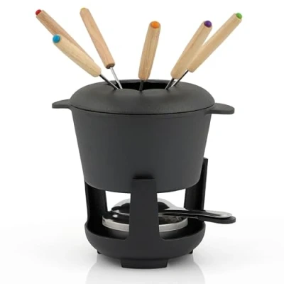 Immagine di BBQ Toro set fonduta in ghisa per 6 persone 13 pezzi con bruciatore e forchette quantità di riempimento 1 litro cioccolato al formaggio induzione. (Nero/già imbrimere)