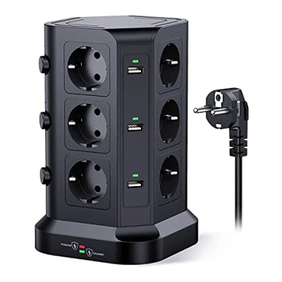 Immagine di KOOSLA multipresa protezione sovratensione(4000W/16A), Ciabatta verticale con 12 prese e 6 slot USB A, Torretta 3 interruttori indipendenti, 2M Cavo, Nero