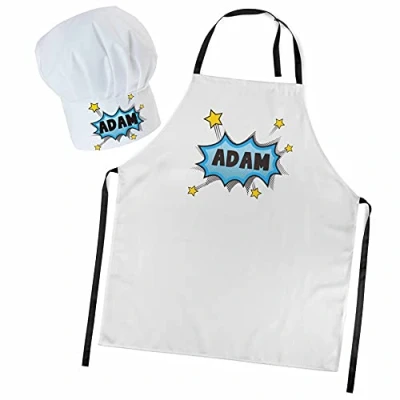 Immagine di Ferocity Set Cappello da cuoco e grembiule regolabile Per i bambini con il tuo nome accessori cucina testo desiderato Scoppio [099]