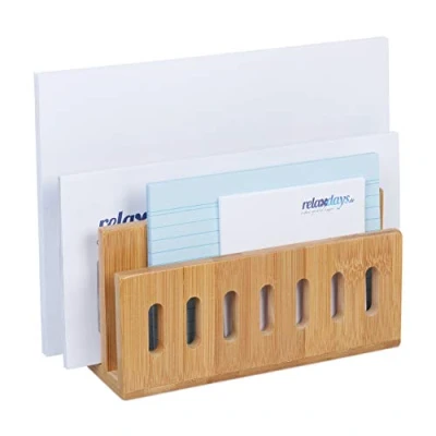 Immagine di relaxdays Portalettere da Tavolo in bambù, 3 Scomparti Perforati, Portadocumenti, Lettere dal Formato, Legno Naturale, 1 pz