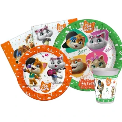Immagine di Kit Party Tavola 44 Gatti per 24 persone (112 pezzi: piatti carta Ø23cm, Ø20cm, bicchieri plastica 200ml, 40 tovaglioli 33x33cm)
