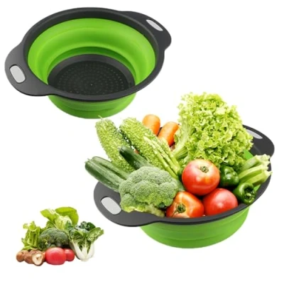 Immagine di 2 Setacci Pieghevoli, Filtro Pieghevole in Silicone per la cucina, adatto pasta, frutta e verdura nel colino della cucina (23,5 + 29 cm) (verde)