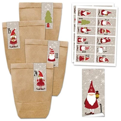 Immagine di Papierdrachen Set Calendario dell&#039;Avvento 24 sacchetti di carta marrone e adesivi quadrati numeri con Babbo Natale fai da te riempi Mini No 62 2021.