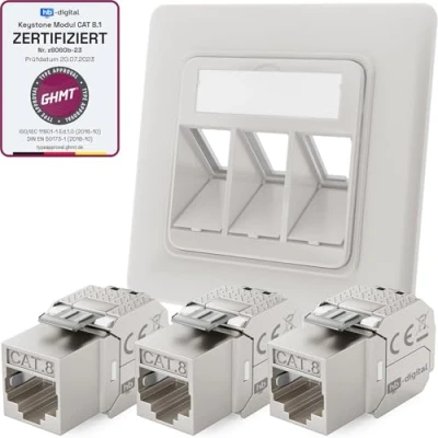 Immagine di hb digital presa di rete a 3 porte CAT 8 da incasso RAL9003 + x GHMT certificato Keystone RJ45 modulo LAN Ethernet max. 40 Gbps STP bianco segnale
