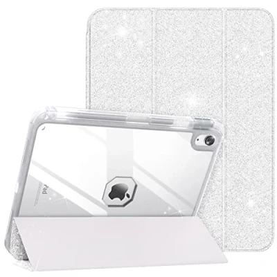 Immagine di TiMOVO Custodia Compatibile con iPad 10 Generazione 10,9&quot; 2022, Cover Portamatite a Tre Ante per 10, Retro in PC Trasparente, Funzione di Auto Sveglia/Sonno, Glitter Bianco