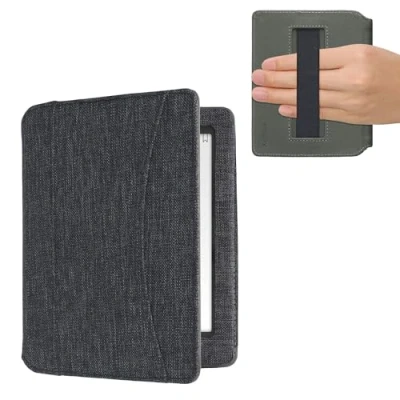Immagine di kwmobile Flip Cover Compatibile con Kobo Aura Edition 1 Full Case Anti graffio Porta Carte Fascia Prensile Tessuto Grigio Scuro
