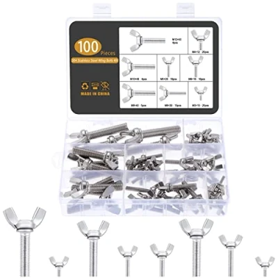 Immagine di Gueenky 100 Pezzi Dadi ad Alette, M3 M4 M5 M6 M8 M10 M12 Dado a Farfalla in Acciaio Inox Bulloni Vite Farfalla, 8 Misure Viti Alette Assortimento Kit