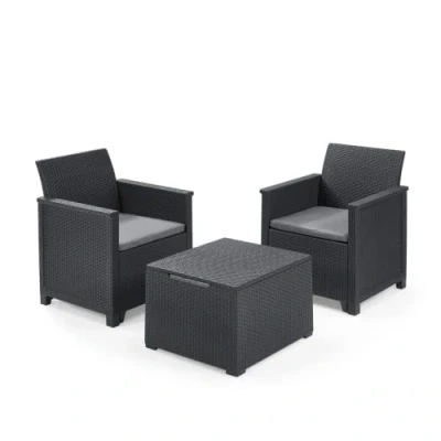 Immagine di Keter Emma Balcony Set Mobile da esterno composto due poltrone con cuscini e tavolino contenitore, grafite