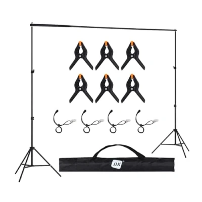 Immagine di Supporto per fondale fotografico professionale NK 2 x 3 metri, regolabile e retrattile, 2x treppiede, 1x barra trasversale interconnessa, 6x mollette, 4x fascette laterali in velcro, borsa