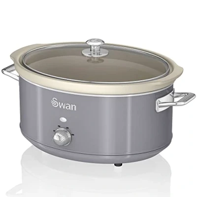 Immagine di Swan Retro SF17031GRNEU Pentola Cottura Lenta 6,5L Contenitore Estraibile, Antiaderente Ceramica Libera PFOA e PTFE, 3 Livelli Temperatura, Coperchio Vetro, Slow Cooker Design Vintage, Grigio, 320W