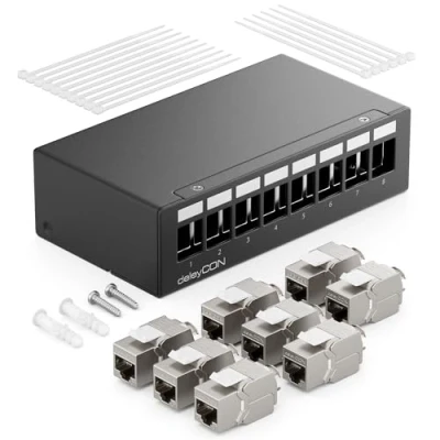 Immagine di deleyCON 8 Porte CAT7 Set di Pannelli Patch con 8x CAT.7 RJ45 Modulo Jack Keystone STP 10 Gbit/s Compatibile Cavo Installazione CAT6 CAT6a CAT8 Rete Ethernet LAN DSL Nero