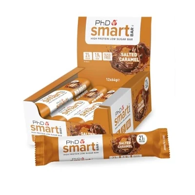 Immagine di PhD Nutrition Smart Bar Barretta proteica 12x64g Caramello salato Protein con 21g di proteine e poco zucchero, Adatta a una dieta macro