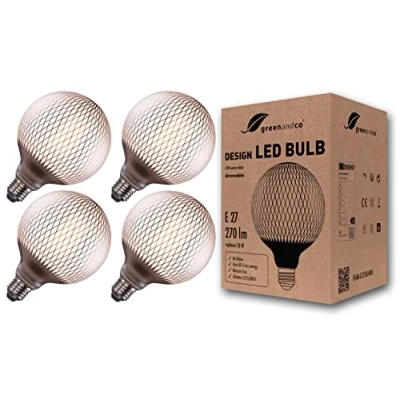 Immagine di greenandco 4x Lampadina LED dimmerabile stile vintage argento con motivo a rombi E27 G125 4W 270lm CRI90+ 2700K (bianco caldo) 360 230V, senza sfarfallio