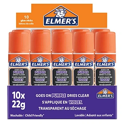 Immagine di Elmer&#039;S Colla Stick Viola a Scomparsa, Diventa Trasparente Quando si Asciuga, Ottima per la Scuola e i Lavoretti, Lavabile Adatta ai Bambini, 22G, 10 Pezzi