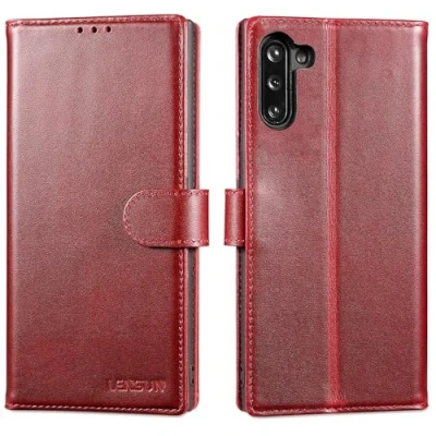 Immagine di Lensun Cover per Samsung Galaxy Note 10, Telefono Custodia in Vera Pelle [RFID Blocking] Libro con Portafoglio Chiusura Magnetico Flip Custodie Cuoio 10 Vino rosso